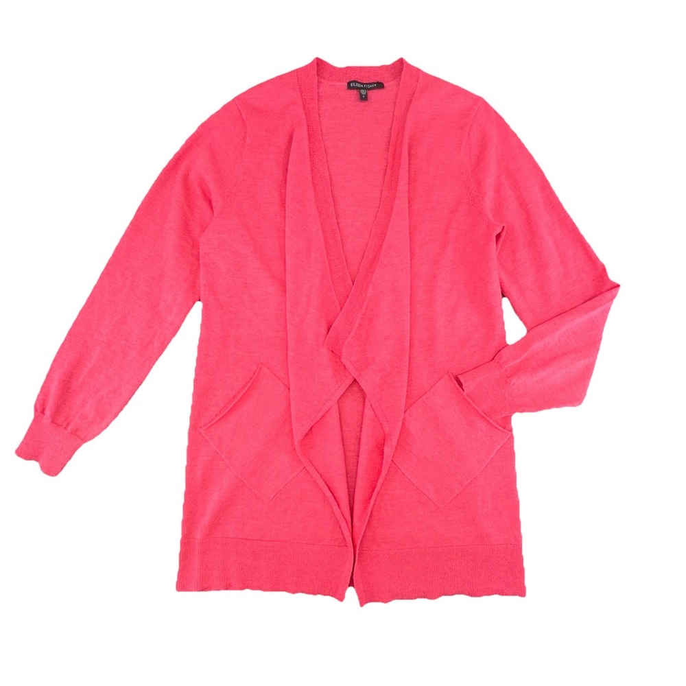 Eileen Fisher Italian Yarn Wool‎ Open Front Cardigan Womens S Pink Asymmetrical